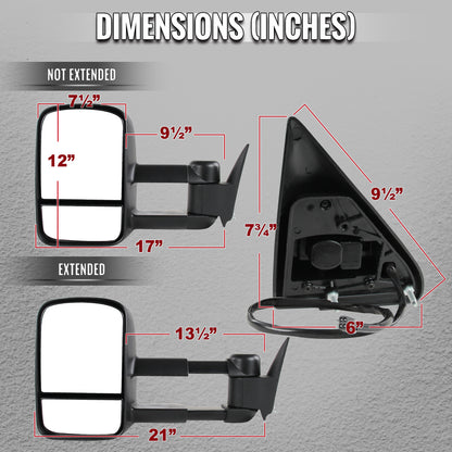 1988-2002 Chevrolet C/K C3500/Tahoe GMC Yukon/Suburban Power Adjustable & Manual Extendable Towing Mirrors