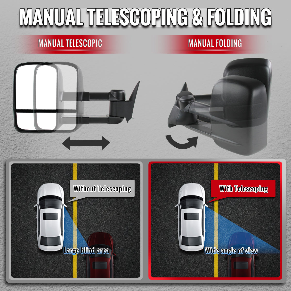 1988-1998 Chevrolet C/K 1500 / Tahoe / GMC Yukon / Suburban Black Power Adjustable Manual Extendable Towing Mirrors