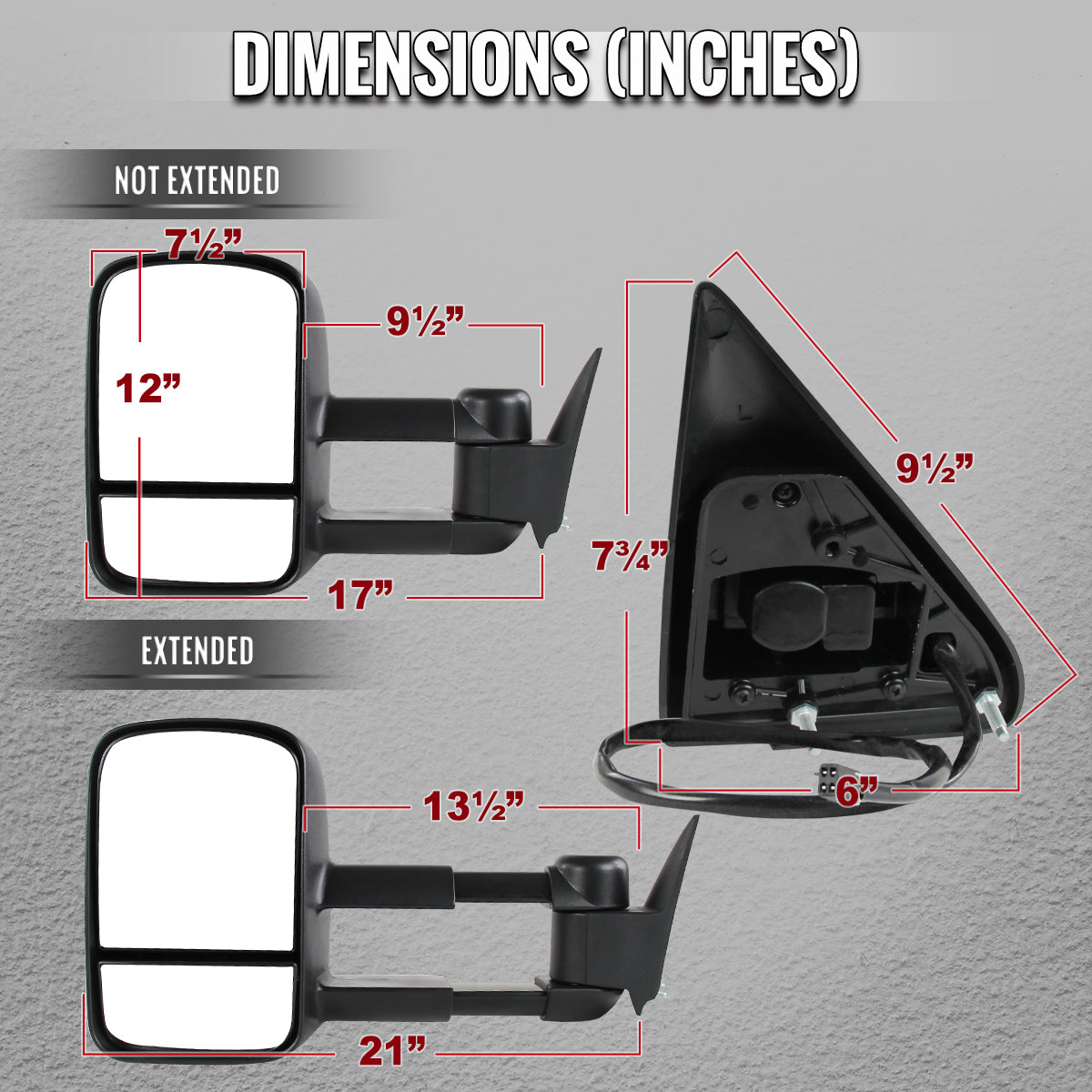 1988-1998 Chevrolet C/K 1500 / Tahoe / GMC Yukon / Suburban Black Power Adjustable Manual Extendable Towing Mirrors