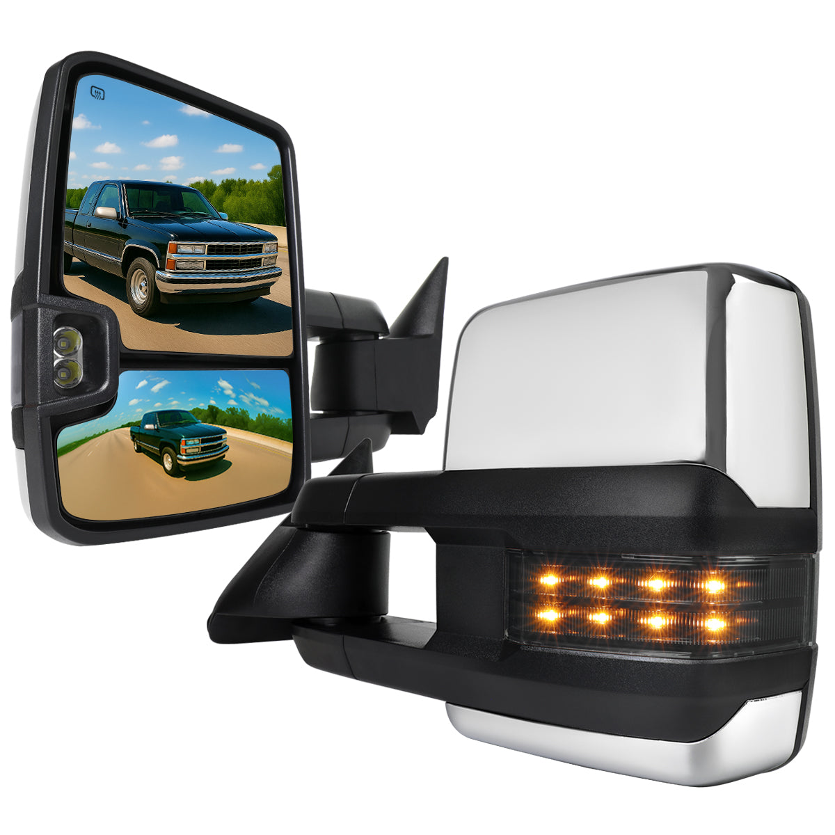 1988-2000 Chevrolet C/K Tahoe GMC Yukon/Suburban Power Adjustable, Heated, & Manual Extendable Towing Mirrors w/ LED Amber Smoked Turn Signal & Clearance Lights