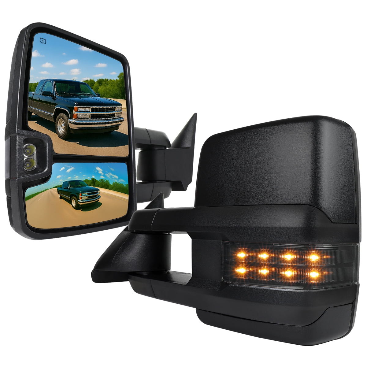 1988-2000 Chevrolet C/K Tahoe GMC Yukon/Suburban Power Adjustable, Heated, & Manual Extendable Towing Mirrors w/ LED Smoked Lens Turn Signal & Clearance Lights