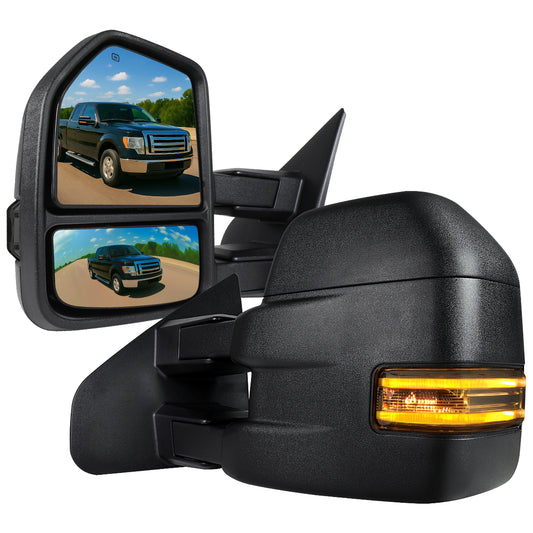 2007-2014 Ford F-150 Power Adjustable, Heated, & Manual Extendable Towing Mirrors w/ Smoked Lens LED Turn Signal & Puddle Lights