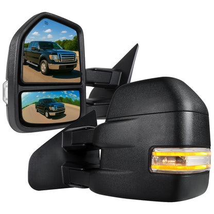 2007-2014 Ford F-150 Power Adjustable, Heated, & Manual Extendable Towing Mirrors w/ Clear Lens LED Turn Signal & Puddle Lights