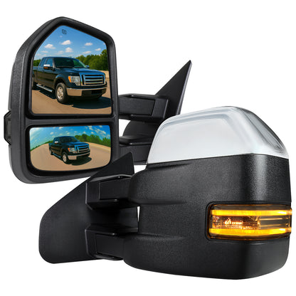 2007-2014 Ford F-150 Chrome Power Adjustable, Heated, & Manual Extendable Towing Mirrors w/ Smoked Lens LED Turn Signal & Puddle Lights