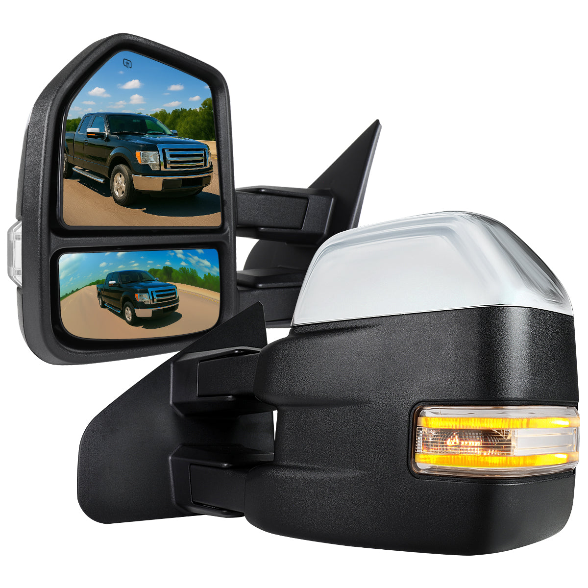 2007-2014 Ford F-150 Chrome Power Adjustable, Heated, & Manual Extendable Towing Mirrors w/ Clear Lens LED Turn Signal & Puddle Lights