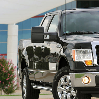2007-2014 Ford F-150 Black Power Heated Telescoping Tow Mirrors with LED Turn Signals in Amber Lens and Puddle Lights