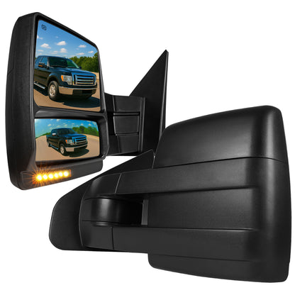 2007-2014 Ford F-150 Black Power Heated Telescoping Tow Mirrors with LED Turn Signals in Amber Lens and Puddle Lights