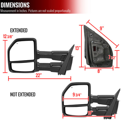 2015-2020 Ford F-150 Power Adjustable, Heated, & Manual Extendable Towing Mirrors w/ Clear Lens Sequential LED Turn Signal, Clearance, Puddle, & Auxiliary Lights