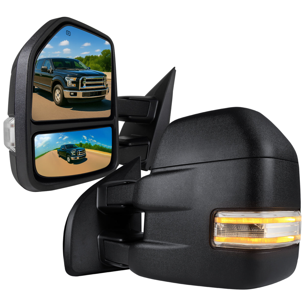 2015-2020 Ford F-150 Power Adjustable, Heated, & Manual Extendable Towing Mirrors w/ Clear Lens Sequential LED Turn Signal, Clearance, Puddle, & Auxiliary Lights
