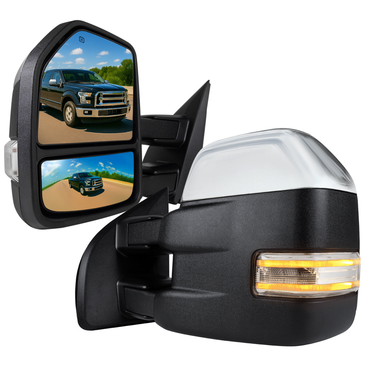 2015-2020 Ford F-150 Power Adjustable, Heated, & Manual Extendable Chrome Towing Mirrors w/ Sequential LED Signal, Puddle, & Auxiliary Lights