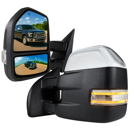 2015-2020 Ford F-150 Power Adjustable, Heated, & Manual Extendable Chrome Towing Mirrors w/ Sequential LED Signal, Puddle, & Auxiliary Lights