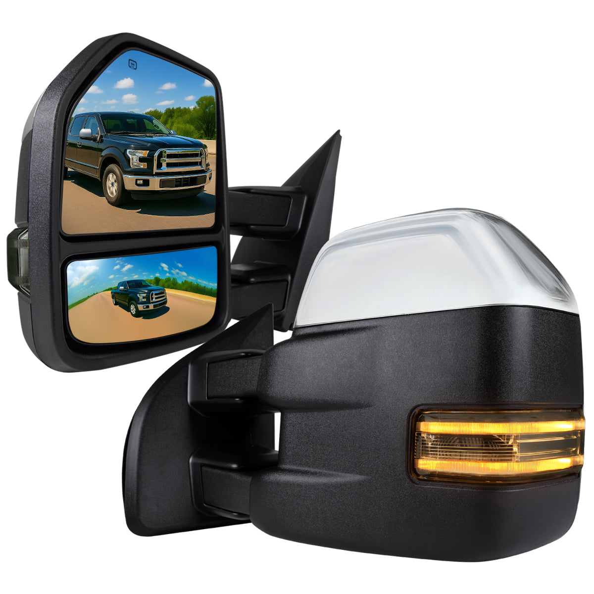 2015-2020 Ford F-150 Power Adjustable, Heated, & Manual Extendable Towing Mirrors w/ Smoked Lens LED Turn Signal, Clearance, Puddle, & Auxiliary Lights