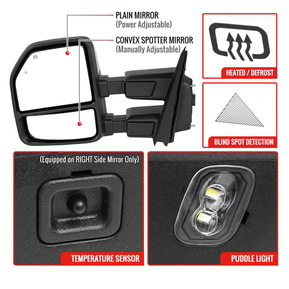 2021-2025 Ford F-150 F-250 Power Adjustable, Heated, & Manual Extendable Towing Mirrors w/ Smoked Lens LED Turn Signal, Clearance, Puddle, & Auxiliary Lights