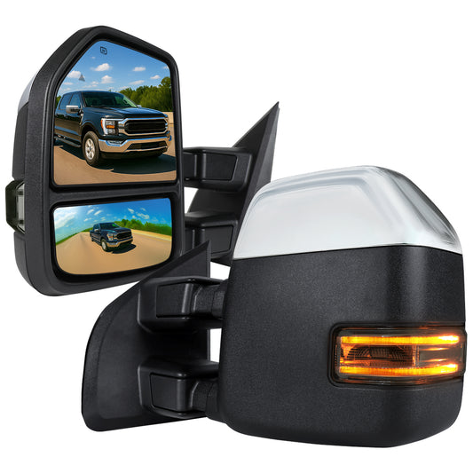 2021-2025 Ford F-150 F-250 Power Adjustable, Heated, & Manual Extendable Towing Mirrors w/ Smoked Lens LED Turn Signal, Clearance, Puddle, & Auxiliary Lights