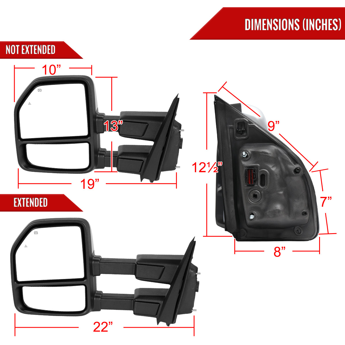 2021-2025 Ford F-150 F-250 Power Adjustable, Heated, & Manual Extendable Towing Mirrors w/ Clear Lens LED Turn Signal, Clearance, Puddle, & Auxiliary Lights