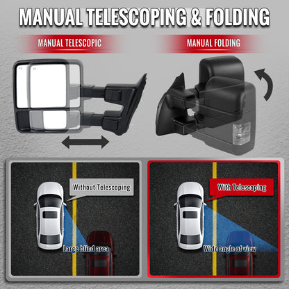 2008-2016 Ford F-250/F-350/F-450/F-550 Power Adjustable, Heated, & Manual Extendable Towing Mirrors w/ Smoked Lens Turn Signal Lights