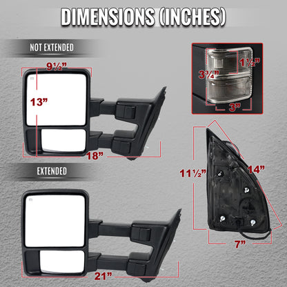 2008-2016 Ford F-250/F-350/F-450/F-550 Power Adjustable, Heated, & Manual Extendable Towing Mirrors w/ Smoked Lens Turn Signal Lights