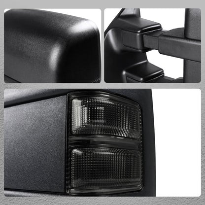 2008-2016 Ford F-250 / F-350 / F-450 / F-550 Black Power Adjustable, Heated, & Manual Extendable Towing Mirrors w/ Smoked Lens Turn Signal Lights