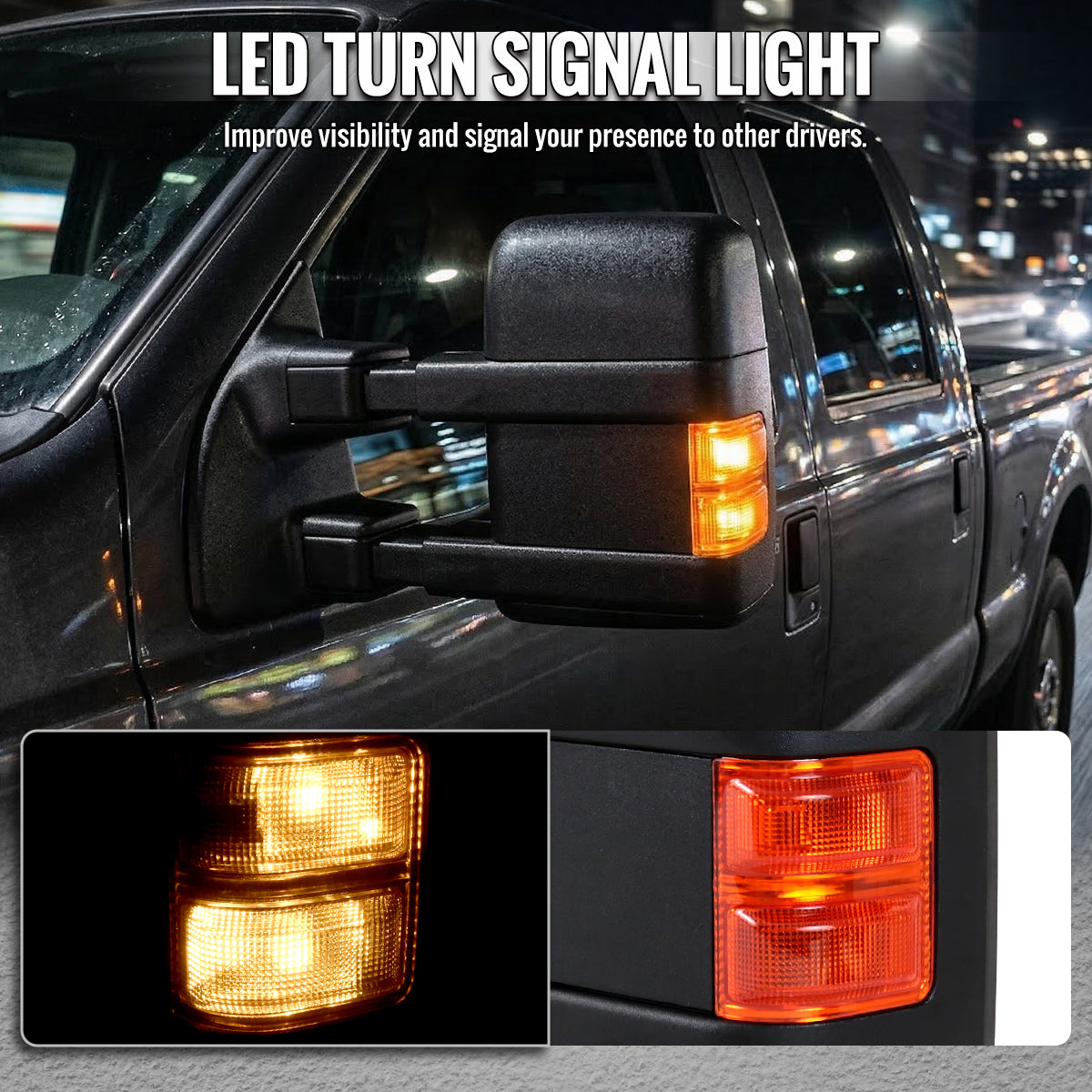 2008-2016 Ford F-250/F-350/F-450/F-550 Power Adjustable, Heated, & Manual Extendable Towing Mirrors w/ Amber Lens LED Turn Signal Lights