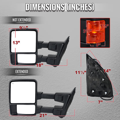 2008-2016 Ford F-250/F-350/F-450/F-550 Power Adjustable, Heated, & Manual Extendable Towing Mirrors w/ Amber Lens LED Turn Signal Lights