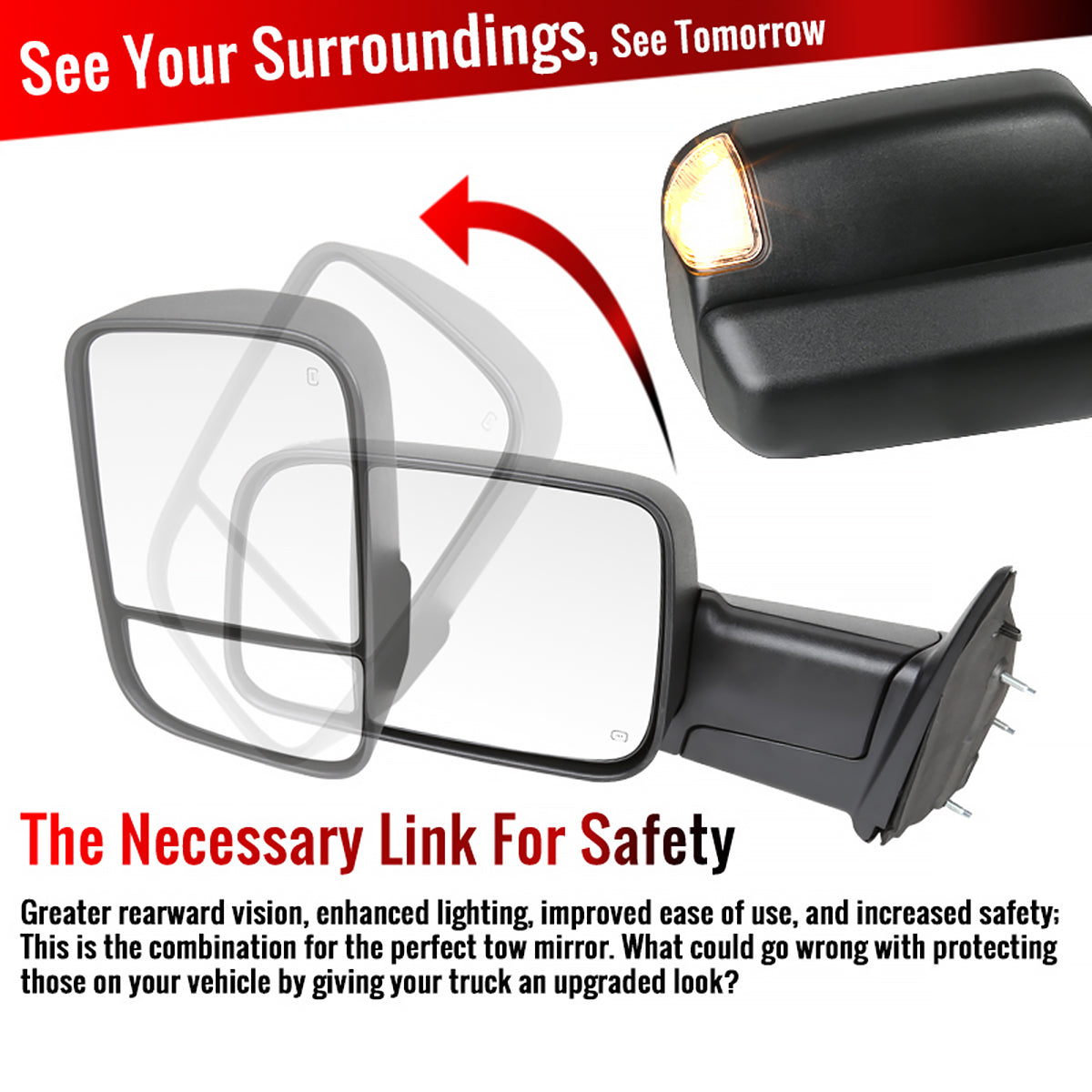 2009-2012 Dodge RAM 1500 Power Adjustable, Foldable, Heated, & Manual Extendable Towing Side Mirrors w/ Clear Lens LED Turn Signal & Puddle Lights