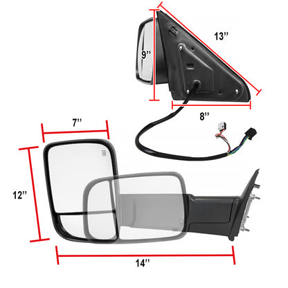 2009-2012 Dodge RAM 1500 Power Adjustable, Foldable, Heated, & Manual Extendable Towing Side Mirrors w/ Clear Lens LED Turn Signal & Puddle Lights