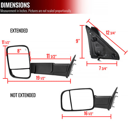 2009-2012 Dodge RAM 1500 Power Adjustable, Heated, & Manual Extendable Towing Mirrors