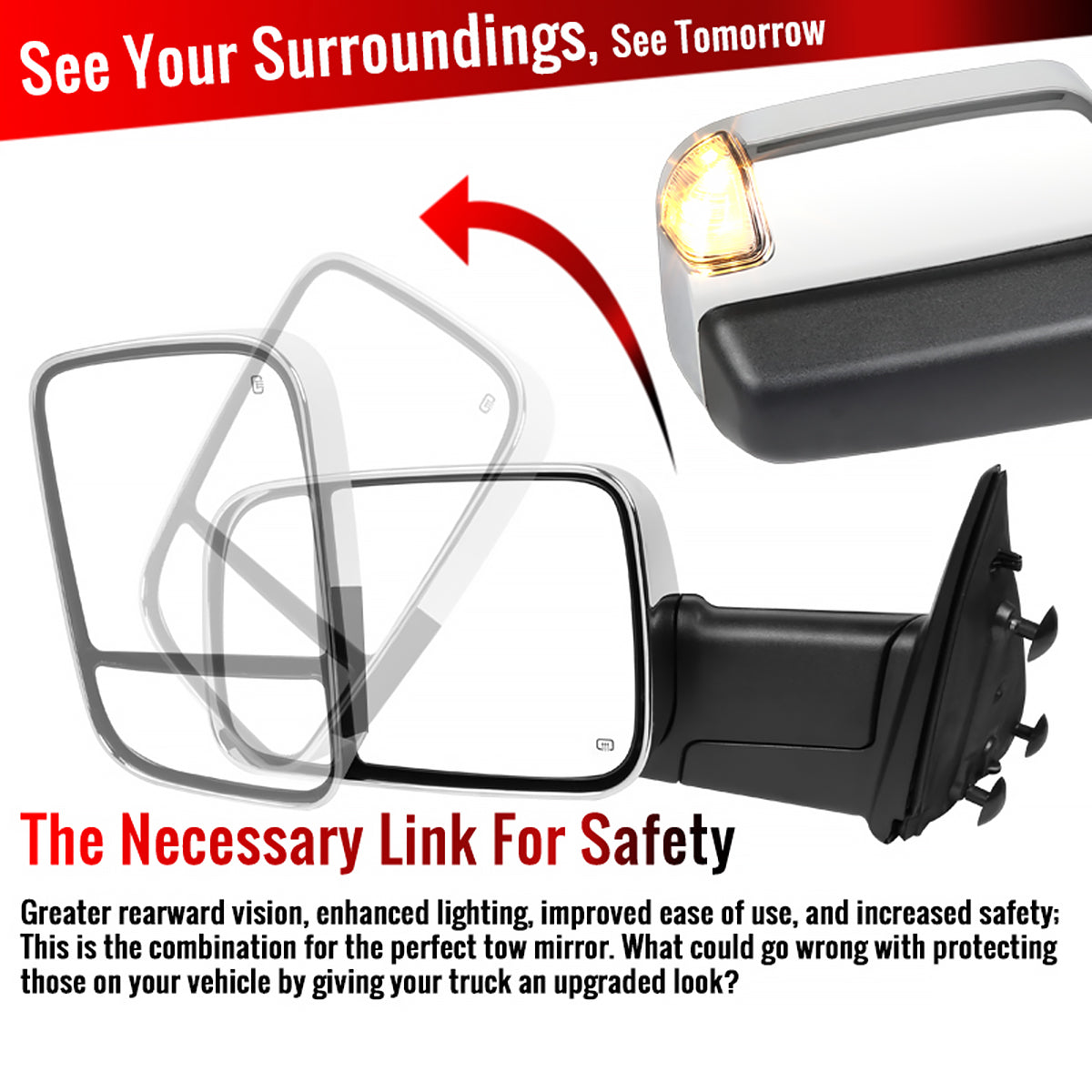 2009-2012 Dodge RAM 1500 Power Adjustable, Foldable, Heated, & Manual Extendable Chrome Towing Mirrors w/ Clear Lens LED Turn Signal & Puddle Lights