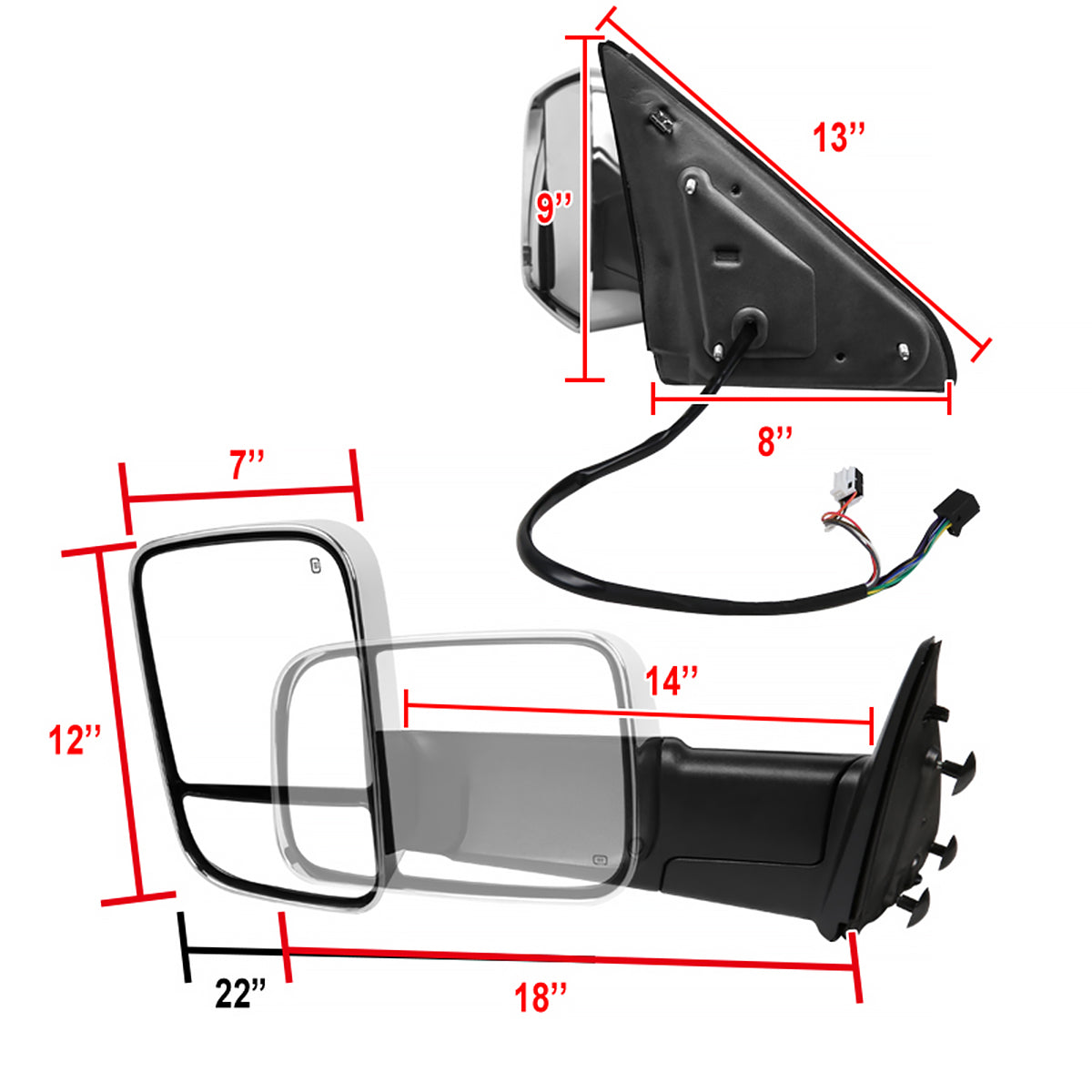 2009-2012 Dodge RAM 1500 Power Adjustable, Foldable, Heated, & Manual Extendable Chrome Towing Mirrors w/ Clear Lens LED Turn Signal & Puddle Lights