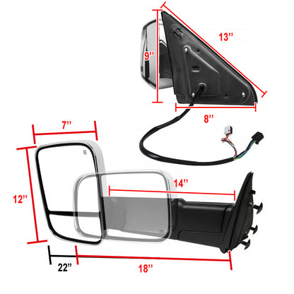 2009-2012 Dodge RAM 1500 Power Adjustable, Foldable, Heated, & Manual Extendable Chrome Towing Mirrors w/ Clear Lens LED Turn Signal & Puddle Lights