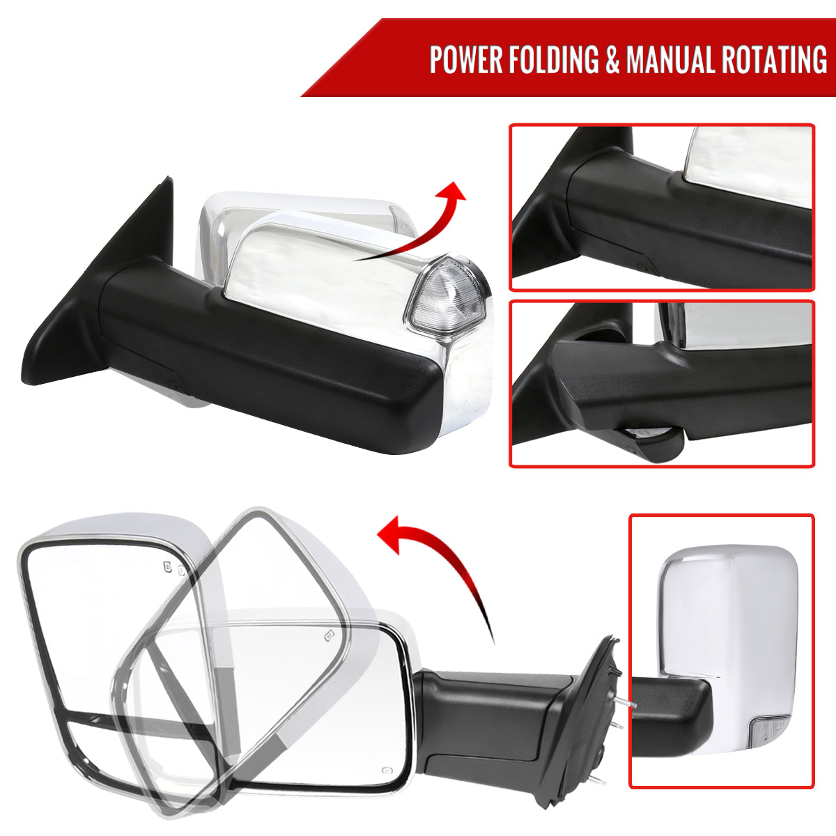 2013-2017 Dodge RAM 1500/2500/3500 Power Adjustable, Auto-Fold, Heated, & Manual Extendable Chrome Towing Mirrors w/ LED Turn Signal & Puddle Lights