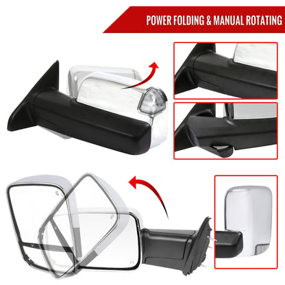 2013-2017 Dodge RAM 1500/2500/3500 Power Adjustable, Auto-Fold, Heated, & Manual Extendable Chrome Towing Mirrors w/ LED Turn Signal & Puddle Lights