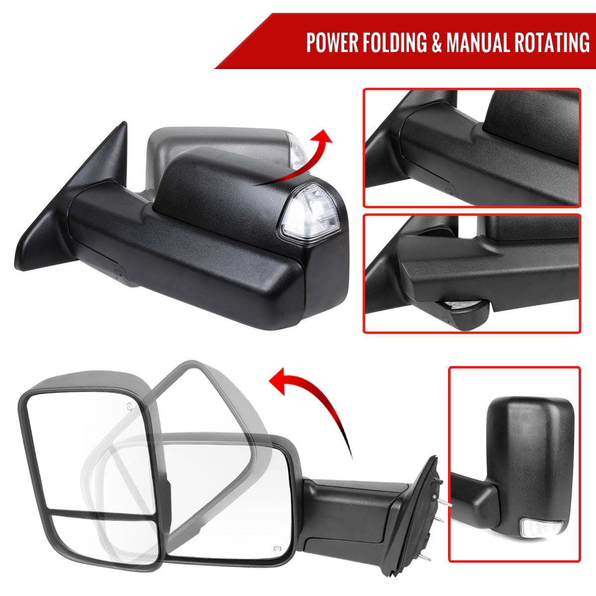 2013-2017 Dodge RAM 1500/2500/3500 Power Adjustable, Auto-Fold, Heated, ATS, & Manual Extendable Black Side Mirrors w/ LED Turn Signal & Puddle Lights