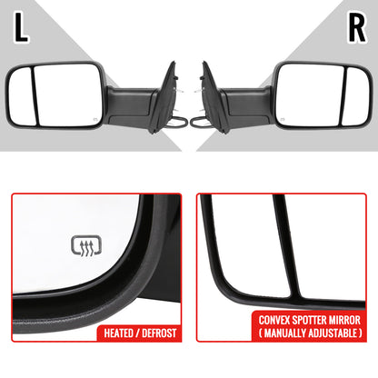 2013-2017 Dodge RAM 1500/2500/3500 Power Adjustable, Auto-Fold, Heated, ATS, & Manual Extendable Black Side Mirrors w/ LED Turn Signal & Puddle Lights