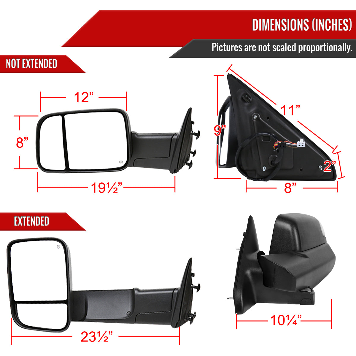 2013-2017 Dodge RAM 1500/2500/3500 Power Adjustable, Auto-Fold, Heated, ATS, & Manual Extendable Black Side Mirrors w/ LED Turn Signal & Puddle Lights