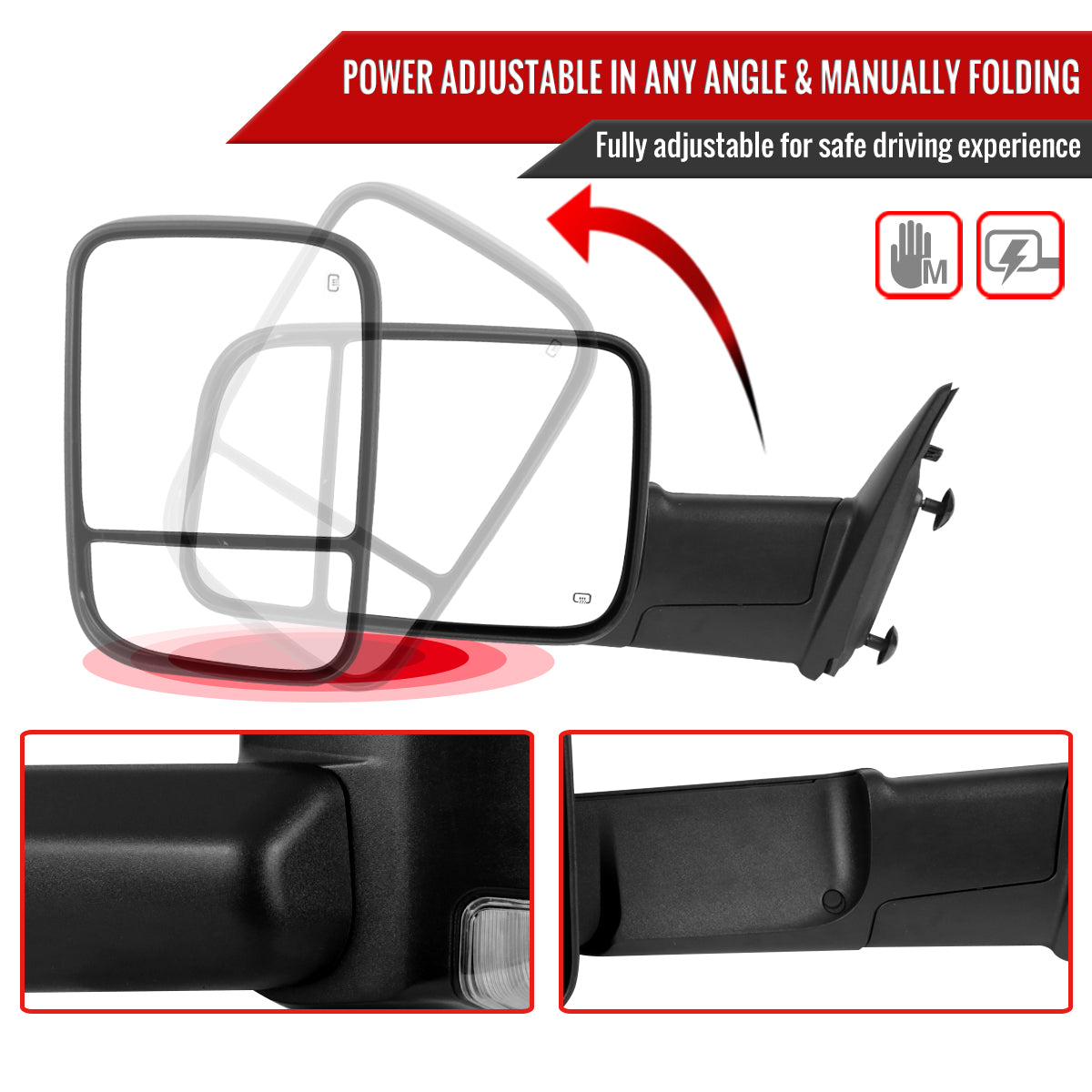 2013-2015 Dodge RAM Power Adjustable, Heated, & Manual Extendable Towing Mirrors w/ Clear Lens LED Turn Signal & Puddle Lights