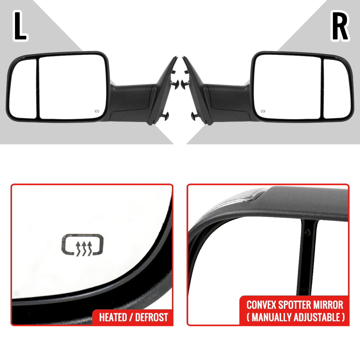 2013-2015 Dodge RAM Power Adjustable, Heated, & Manual Extendable Towing Mirrors w/ Clear Lens LED Turn Signal & Puddle Lights