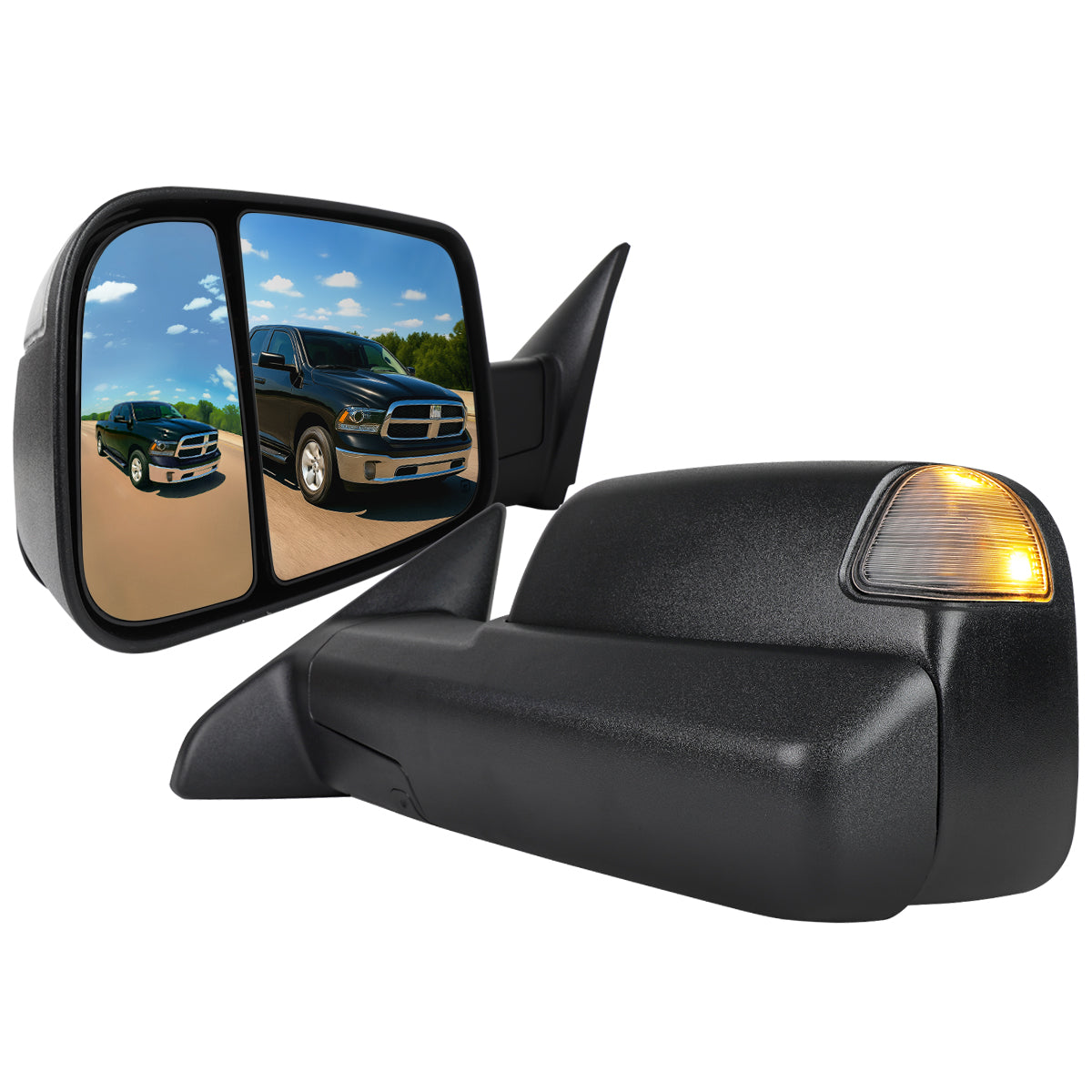 2013-2015 Dodge RAM Power Adjustable, Heated, & Manual Extendable Towing Mirrors w/ Clear Lens LED Turn Signal & Puddle Lights