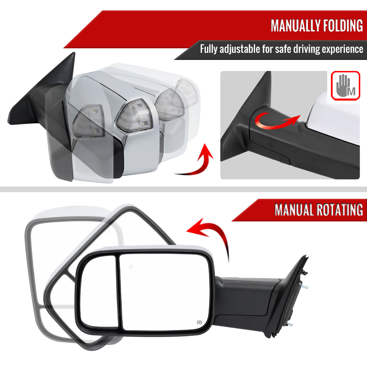 2019-2022 Ram 2500 3500 Chrome Power Adjustable, Manual Fold, BSD & Heated Side Mirror w/ LED Puddle and Turn Signal Light - Driver Side Only