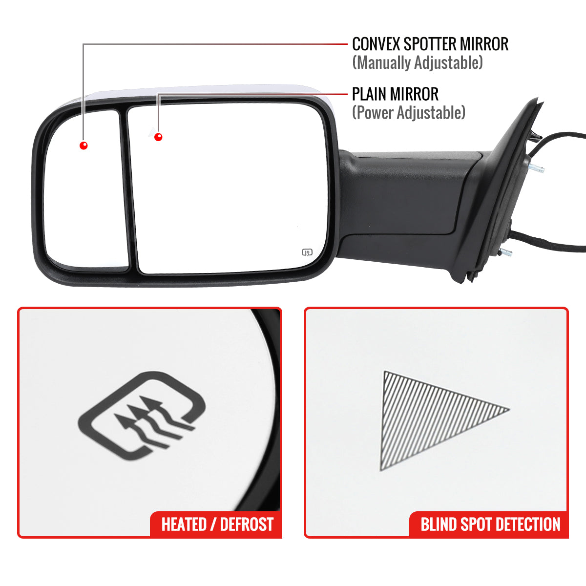 2019-2022 Ram 2500 3500 Chrome Power Adjustable, Manual Fold, BSD & Heated Side Mirror w/ LED Puddle and Turn Signal Light - Driver Side Only