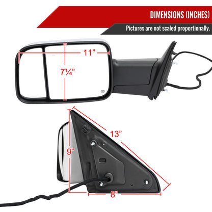 2019-2022 Ram 2500 3500 Chrome Power Adjustable, Manual Fold, BSD & Heated Side Mirror w/ LED Puddle and Turn Signal Light - Driver Side Only