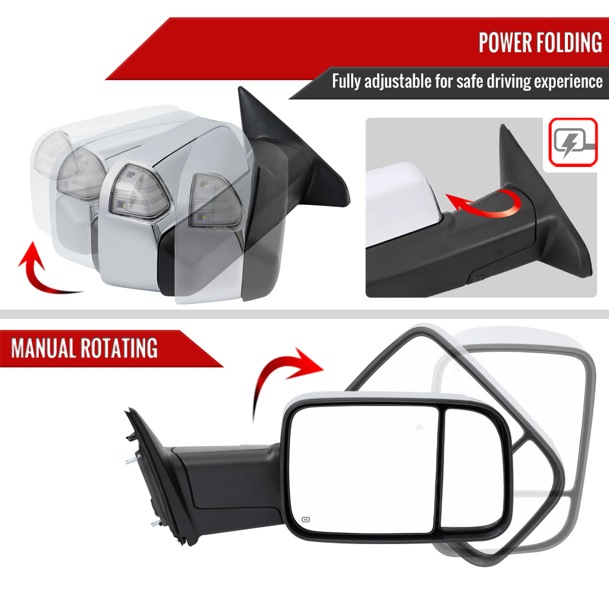 2019-2022 Ram 2500 3500 Chrome Power Adjustable, Auto-Fold, BSD & Heated Side Mirror w/ LED Puddle and Turn Signal Light - Passenger Side Only