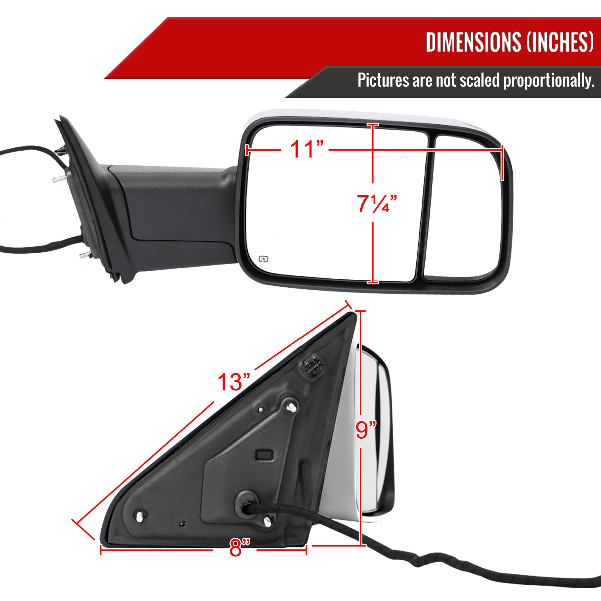 2019-2022 Ram 2500 3500 Chrome Power Adjustable, Auto-Fold, BSD & Heated Side Mirror w/ LED Puddle and Turn Signal Light - Passenger Side Only
