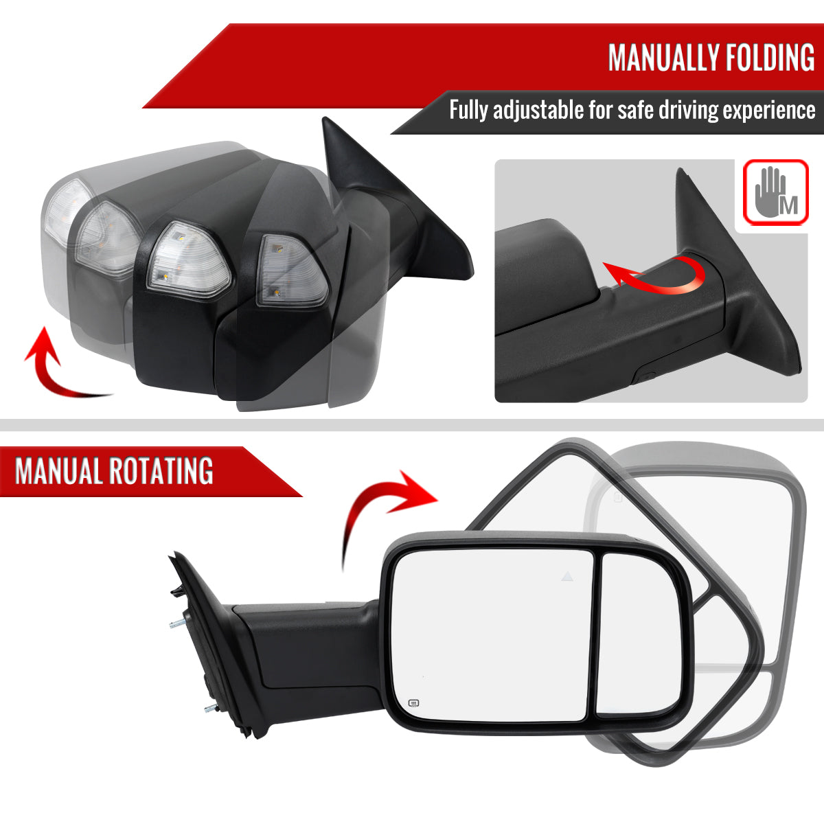 2019-2022 Ram 2500 3500 Black Power Adjustable, Manual Fold, BSD & Heated Side Mirror w/ LED Puddle and Turn Signal Light - Passenger Side Only
