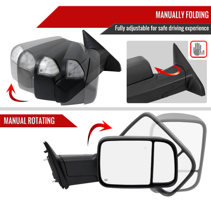 2019-2022 Ram 2500 3500 Black Power Adjustable, Manual Fold, BSD & Heated Side Mirror w/ LED Puddle and Turn Signal Light - Passenger Side Only