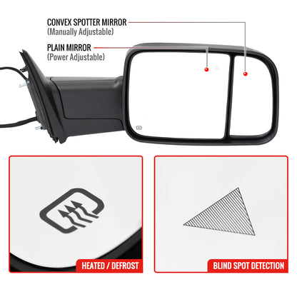 2019-2022 Ram 2500 3500 Black Power Adjustable, Manual Fold, BSD & Heated Side Mirror w/ LED Puddle and Turn Signal Light - Passenger Side Only