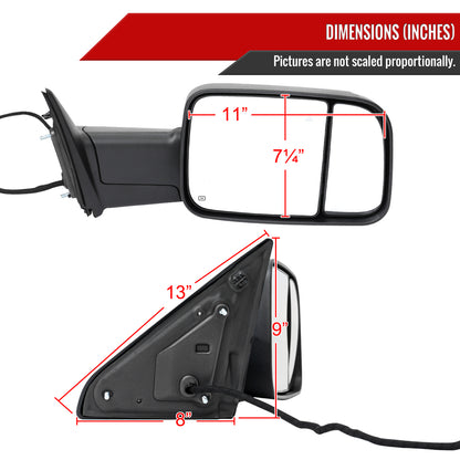 2019-2022 Ram 2500 3500 Black Power Adjustable, Manual Fold, BSD & Heated Side Mirror w/ LED Puddle and Turn Signal Light - Passenger Side Only