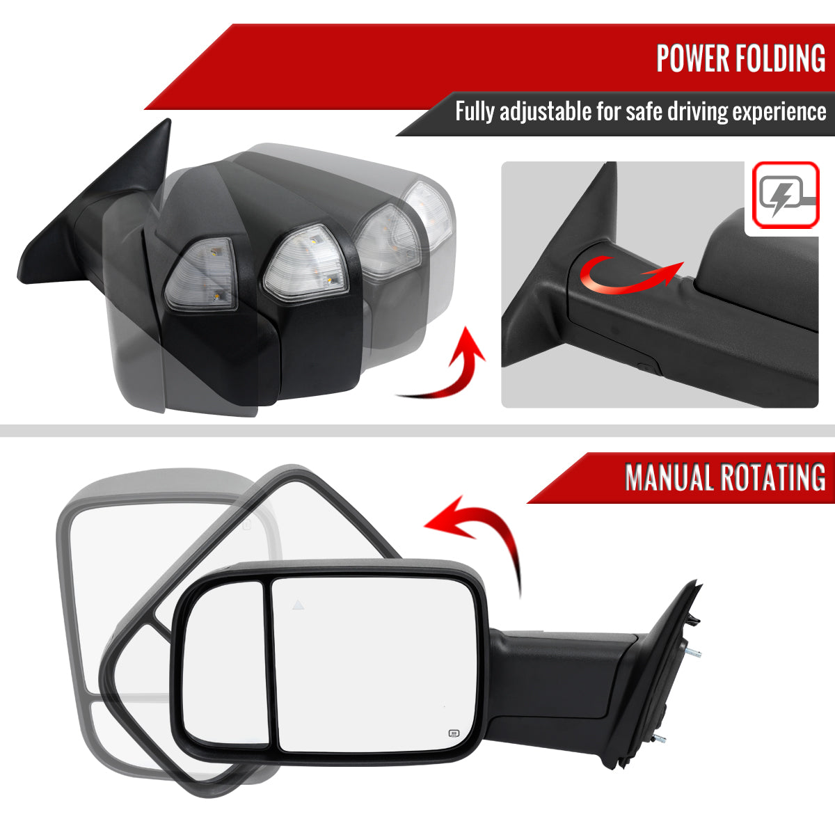 2019-2022 Ram 2500 3500 Black Power Adjustable, Auto-Fold, BSD & Heated Side Mirror w/ LED Puddle and Turn Signal Light - Driver Side Only