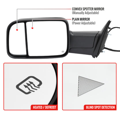 2019-2022 Ram 2500 3500 Black Power Adjustable, Auto-Fold, BSD & Heated Side Mirror w/ LED Puddle and Turn Signal Light - Driver Side Only