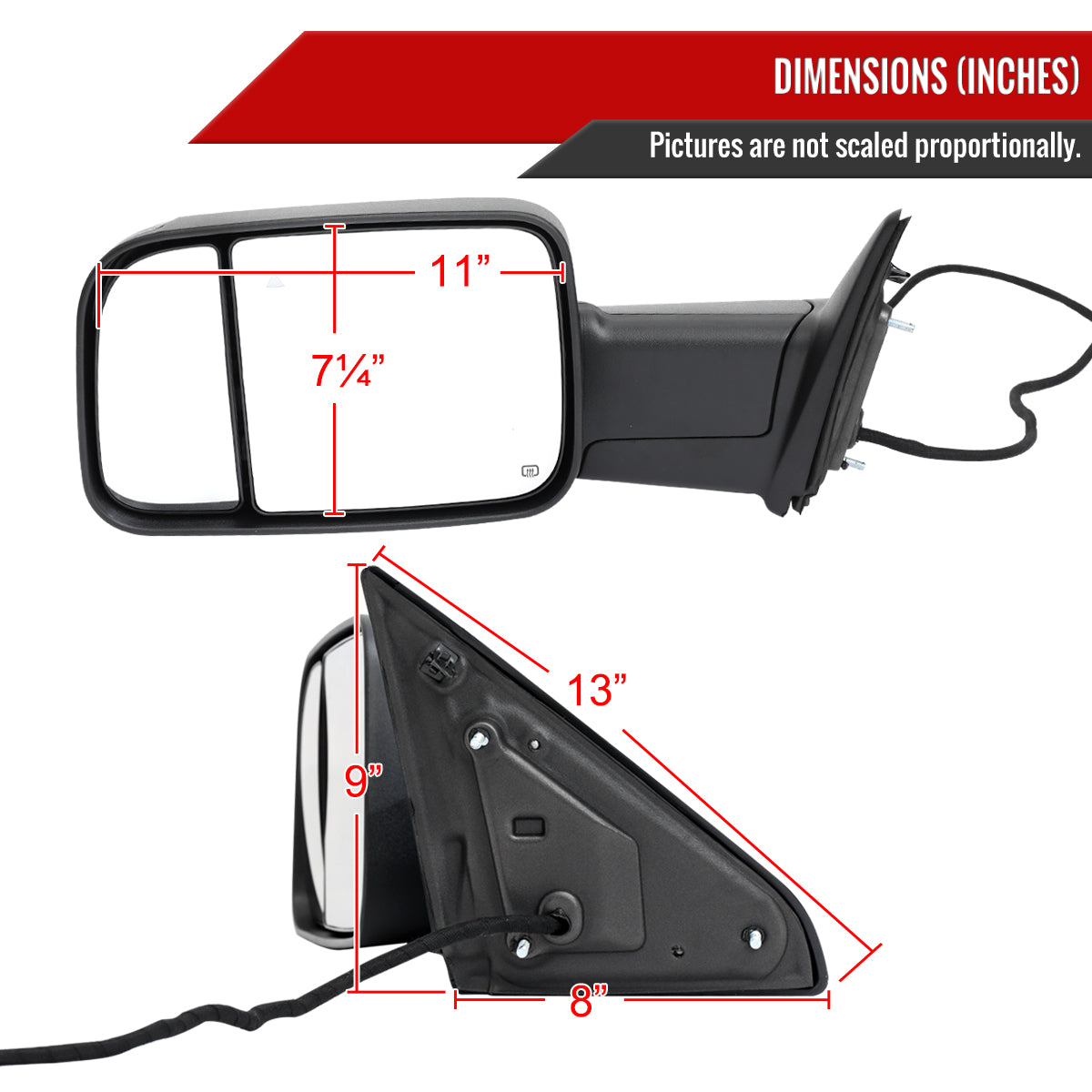 2019-2022 Ram 2500 3500 Black Power Adjustable, Auto-Fold, BSD & Heated Side Mirror w/ LED Puddle and Turn Signal Light - Driver Side Only